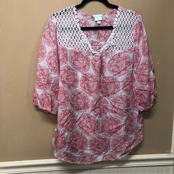 Calypso St Barth for Target 100% Silk Lightweight Blouse Crochet Medallion Sz L - Picture 1 of 5